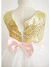 Gold Sequin Ivory Tulle Pink Bow Knee Length Flower Girl Dress 